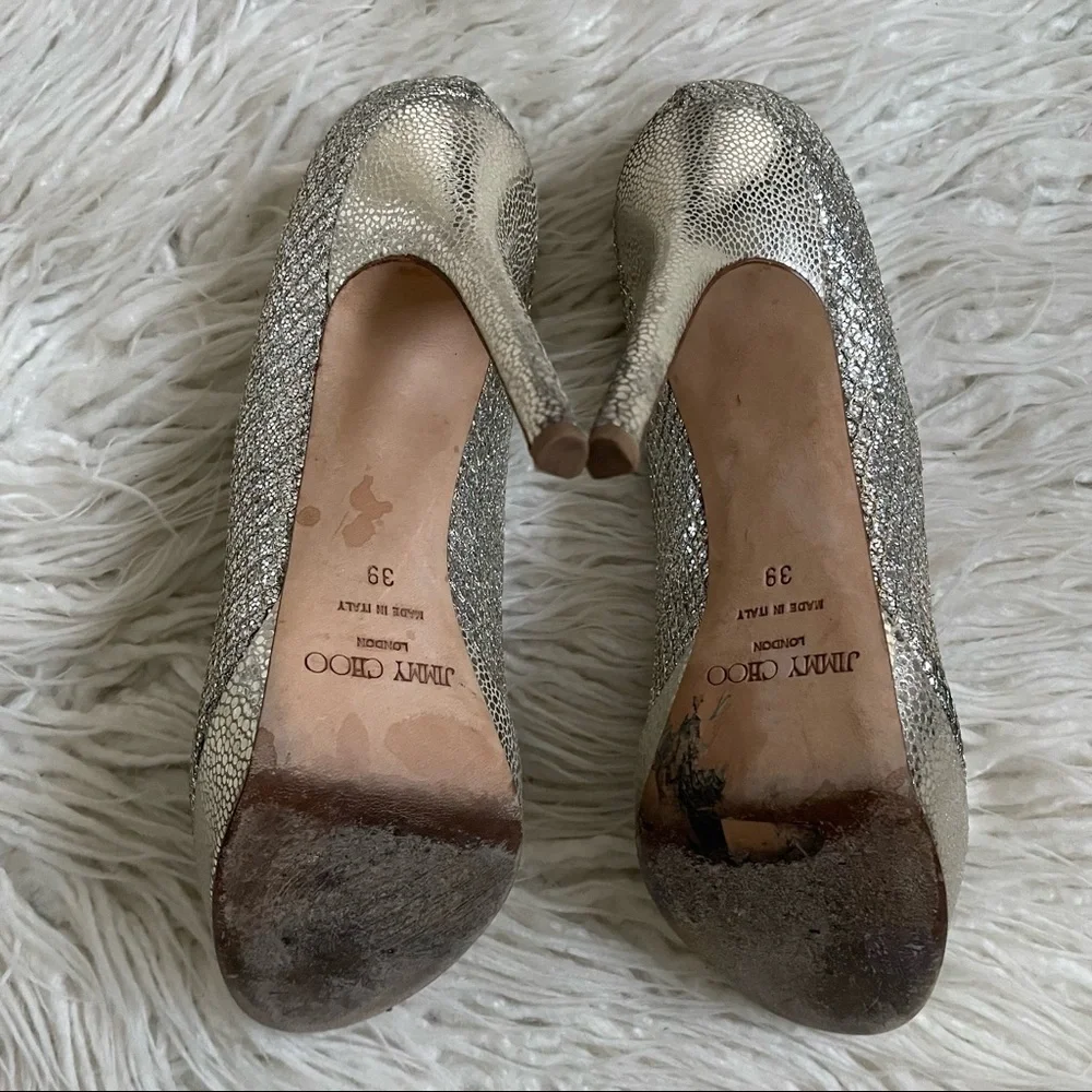 Jimmy Choo Silver Metallic Champagne Lamè Fabric Leather Alex Platform Pumps EUC